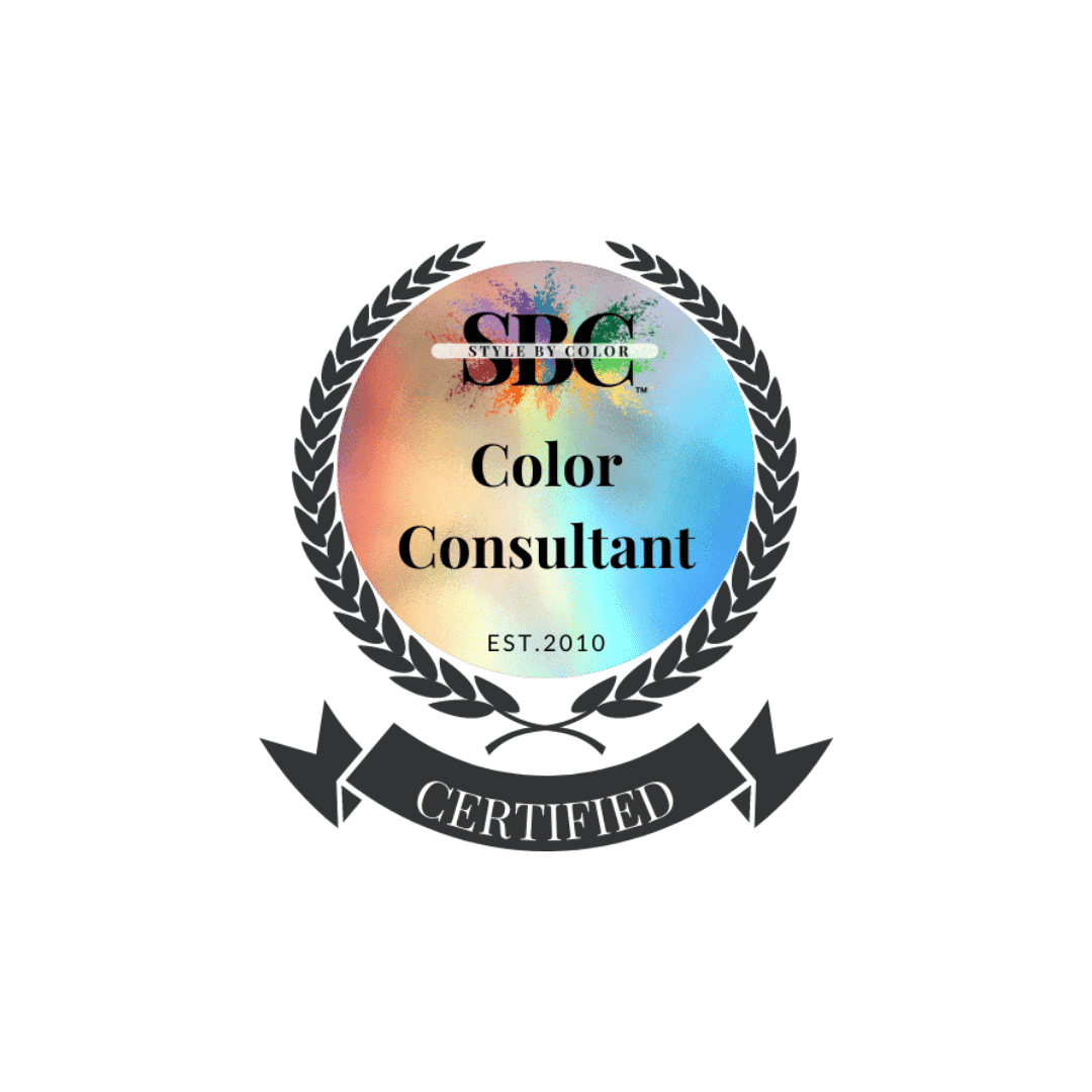Certified color consultant badge with rainbow gradient and laurel wreath.